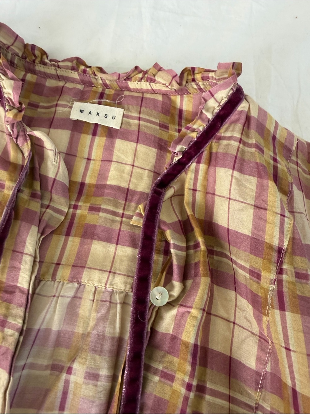 MAKSU Cotton Silk Plaid Ruffle Blouse Size M - Picture 5 of 7